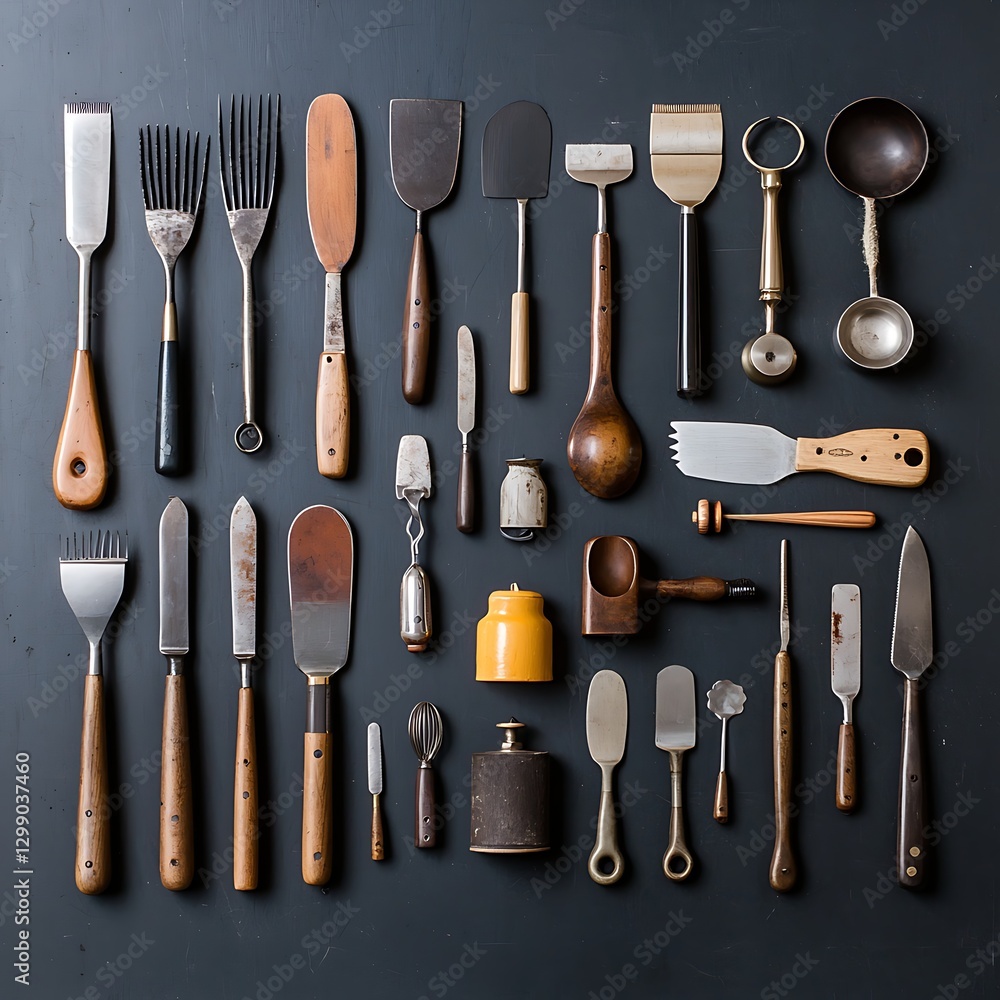 Diverse Collection of Kitchen Tools and Utensils on Dark Background for Culinary and Cooking Enthusiasts Diverse Collection of Kitchen Tools and Utensils on Dark Background for Culinary and Cooking Enthusiasts