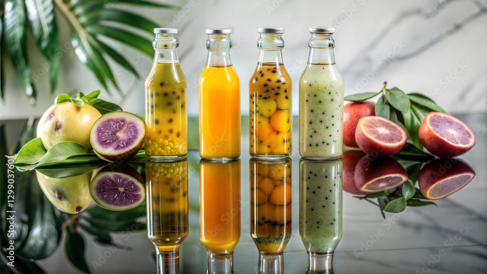 Exotic bottled beverages with passion fruit, kumquat, and chia seeds, vibrant food photography for detox drinks and wellness content Exotic bottled beverages with passion fruit, kumquat, and chia seeds, vibrant food photography for detox drinks and wellness content