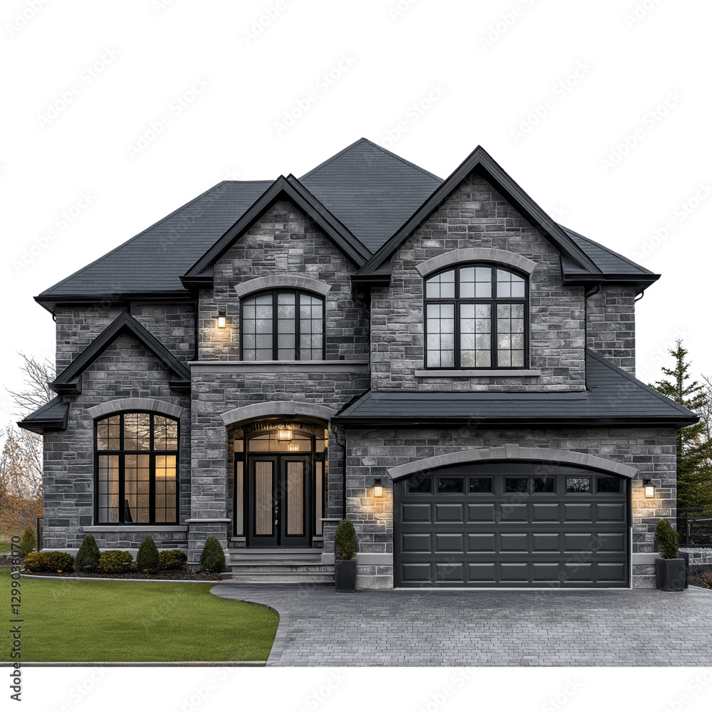 A gray stone house with black windows and a garage door isolated on a transparent background PNG A gray stone house with black windows and a garage door isolated on a transparent background PNG
