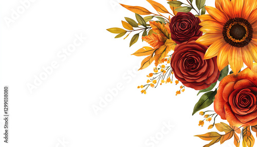 Vibrant autumn floral arrangement on white.