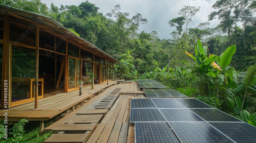 Solar panels in lush forests provide clean energy, protecting the environment by replacing traditional generators. Solar panels in lush forests provide clean energy, protecting the environment by replacing traditional generators.