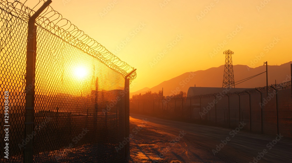 Serene Chainlink Fence with Clear Sky at Sunset - Aesthetic Industrial Background Serene Chainlink Fence with Clear Sky at Sunset - Aesthetic Industrial Background