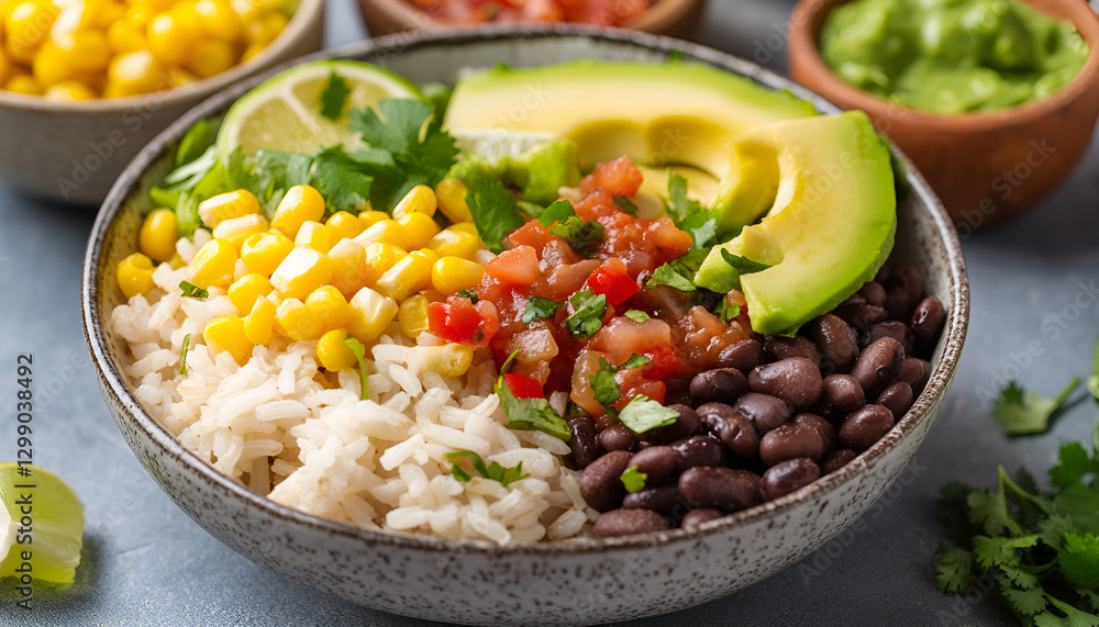 Vegan Burrito Bowl, A bowl filled with rice, black beans, corn, avocado, and a spicy salsa Vegan Burrito Bowl, A bowl filled with rice, black beans, corn, avocado, and a spicy salsa