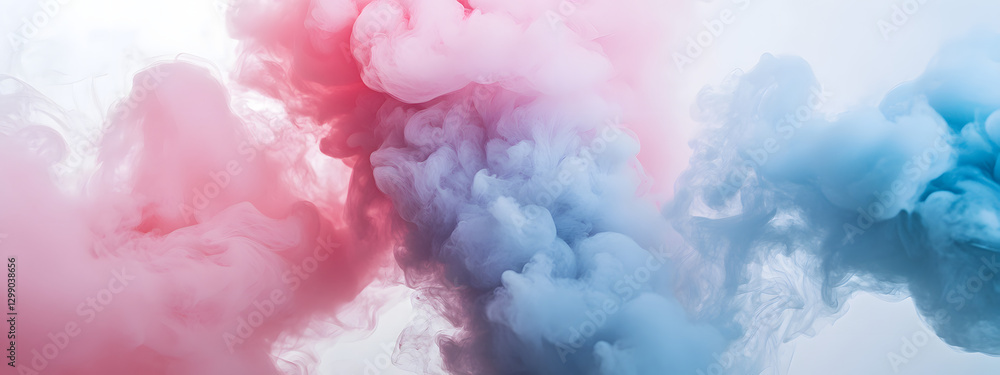 Fototapeta premium Colorful smoke clouds, pink and blue colors, white background 