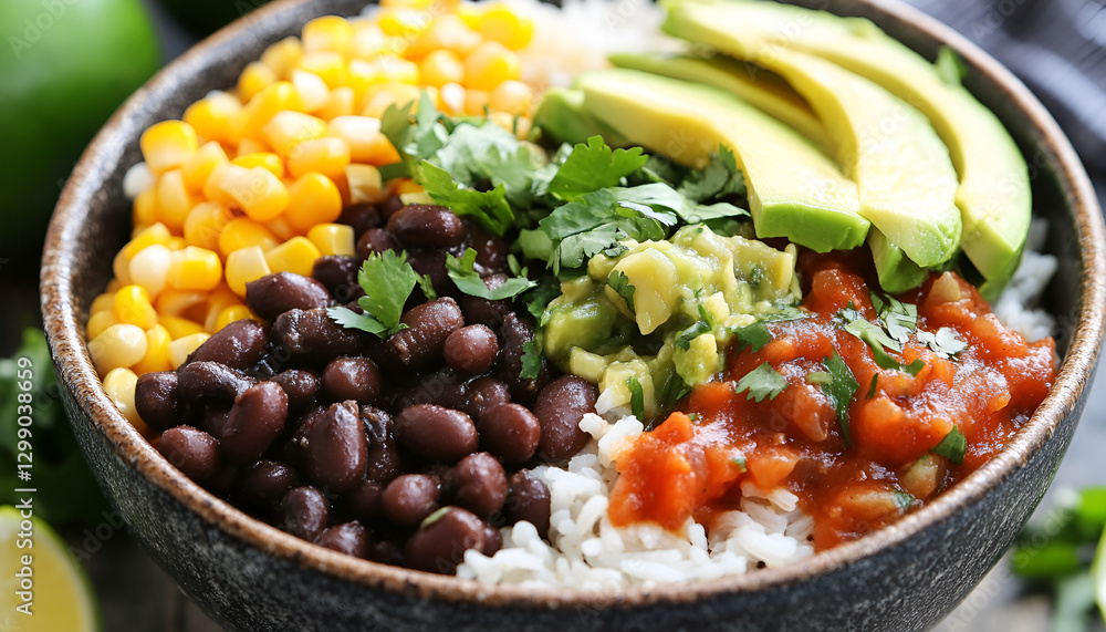Vegan Burrito Bowl, A bowl filled with rice, black beans, corn, avocado, and a spicy salsa Vegan Burrito Bowl, A bowl filled with rice, black beans, corn, avocado, and a spicy salsa