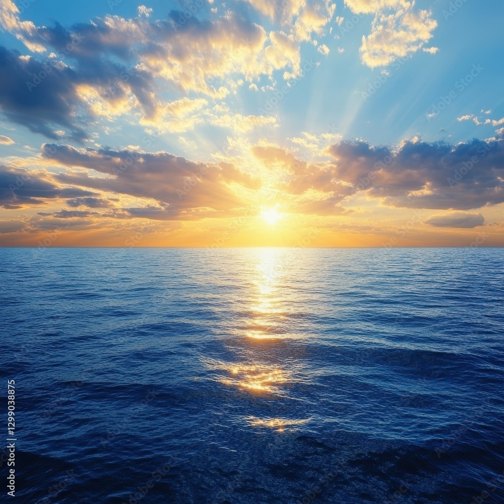 Obraz premium A breathtaking aerial view captures a stunning sunset over the tranquil ocean, where vibrant hues of orange, pink, and purple blend seamlessly into the horizon, reflecting on the water's surface.