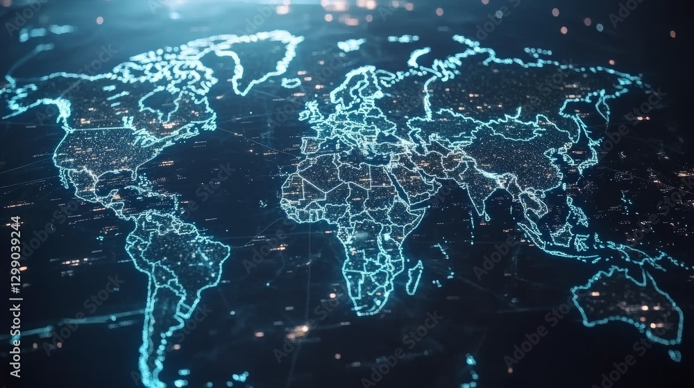 Naklejka premium A futuristic visualization of a global network with bright data points and interconnected lines spanning a dark world map
