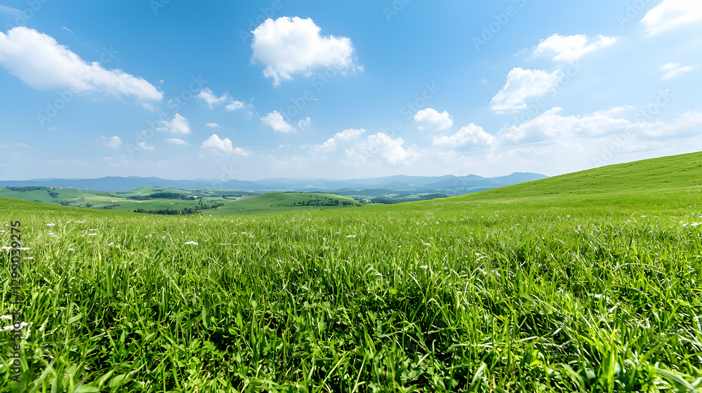 Sunny day, green hills, meadow landscape, background scenery, travel poster Sunny day, green hills, meadow landscape, background scenery, travel poster