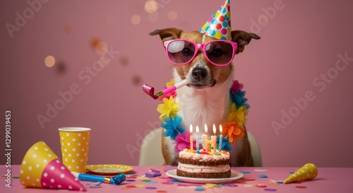 Dog celebrating birthday with cake and party accessories

