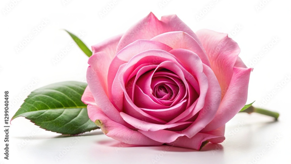 Fototapeta premium A single delicate pink rose blossom, elegantly presented with vibrant green leaves, rests gently on a pristine white background, showcasing its soft petals and subtle color variations.