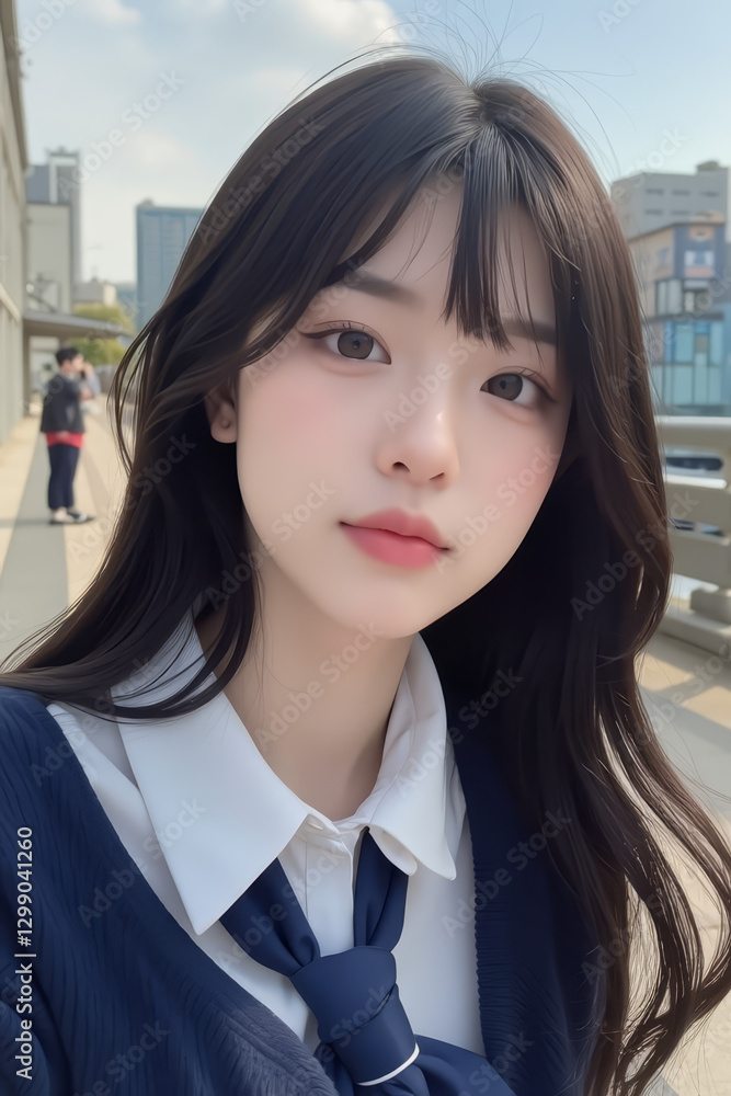 Young Asian Female Student in School Uniform - Selfie Photo of Young Woman outside on Sunny Day in City - Eastern Teenager in College Attire Suit or Sailor Formal Wear in Eastern Countries Young Asian Female Student in School Uniform - Selfie Photo of Young Woman outside on Sunny Day in City - Eastern Teenager in College Attire Suit or Sailor Formal Wear in Eastern Countries