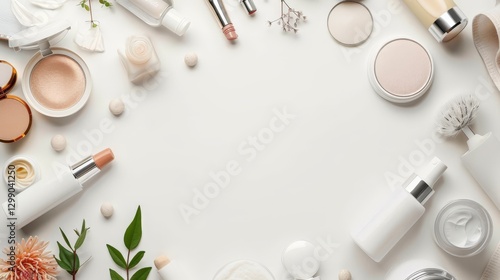 Flat lay of cosmetics on a white background with
