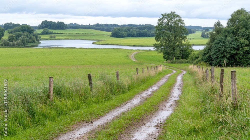 Countryside Dirt Road by Lake Under Cloudy Sky. Possible use Stock photo for travel, nature, rural life, landscape Countryside Dirt Road by Lake Under Cloudy Sky. Possible use Stock photo for travel, nature, rural life, landscape