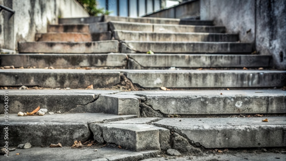 Deteriorated Stone Steps Showing Significant Structural Damage and Signs of Age and Neglect Deteriorated Stone Steps Showing Significant Structural Damage and Signs of Age and Neglect