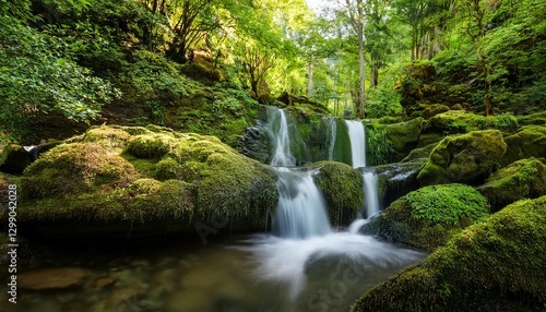 A serene waterfall cascading down moss-covered rocks in a lush green forest.
