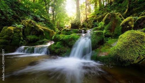 A serene waterfall cascading down moss-covered rocks in a lush green forest.
