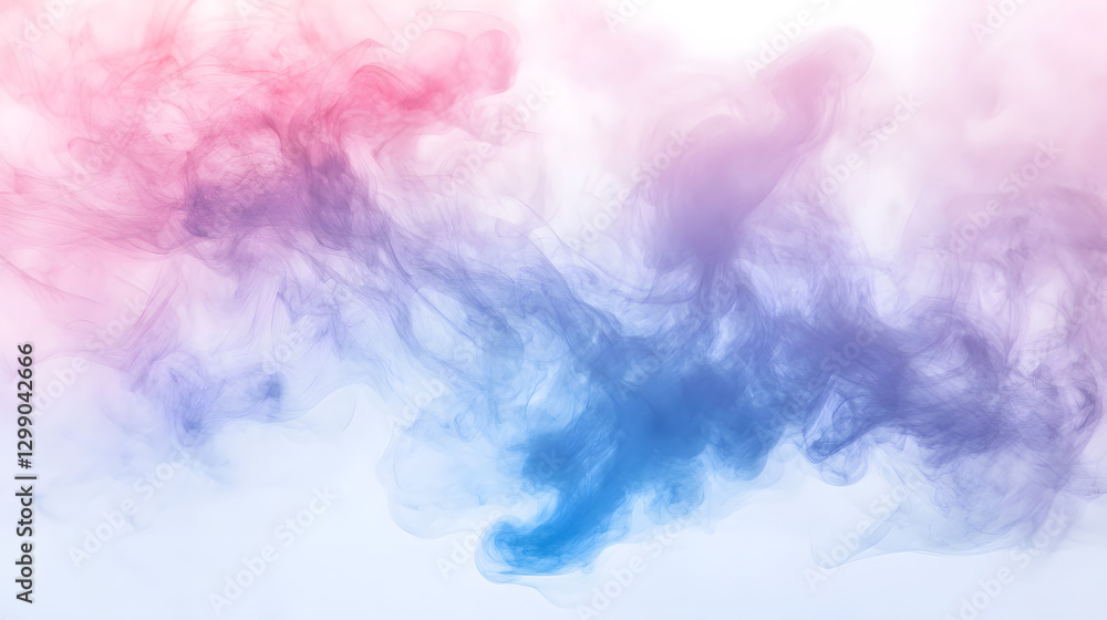Obraz premium Colorful smoke clouds, pink and blue colors, white background 