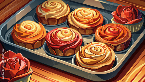 Freshly baked apple roses in cupcake pan on table, closeup. Puff pastry