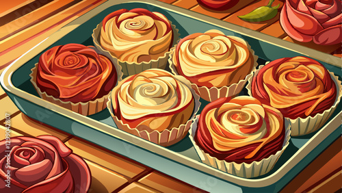 Freshly baked apple roses in cupcake pan on table, closeup. Puff pastry