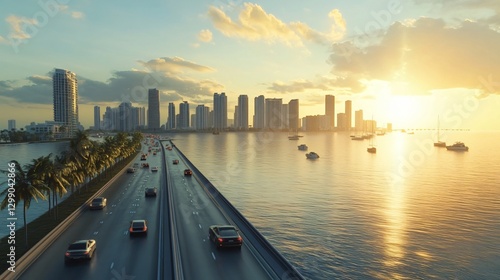 Scenic Aerial View of Rickenbacker Causeway Traffic - Urban Landscape Drone Photography