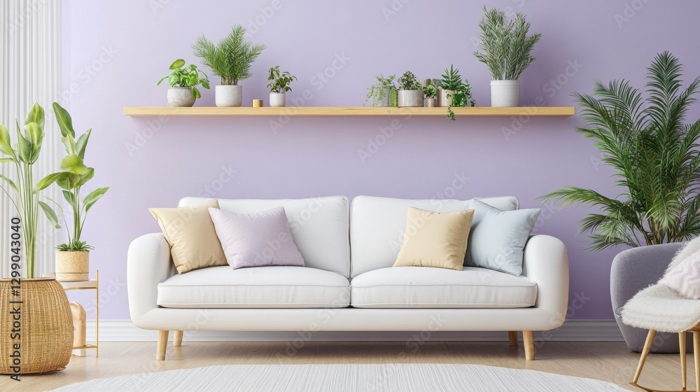 Cozy Minimalist Living Room with Purple Walls and Green Plants Cozy Minimalist Living Room with Purple Walls and Green Plants