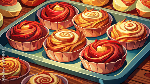 Freshly baked apple roses in cupcake pan on table, closeup. Puff pastry