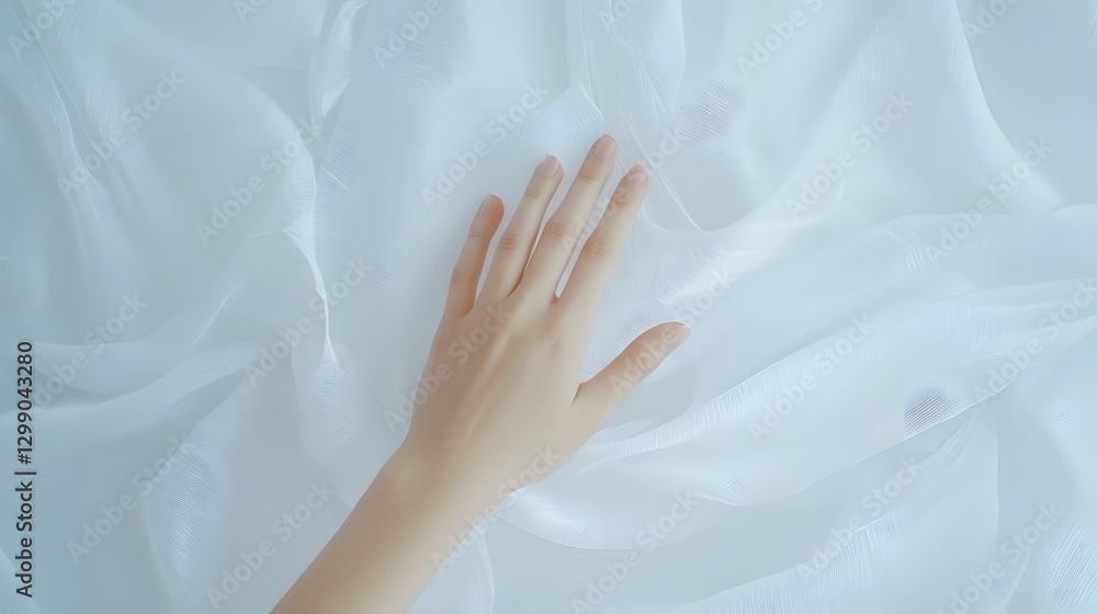 Delicate Hand Gracefully Gliding Over Soft Silk Fabric in Elegant Peaceful Movement Delicate Hand Gracefully Gliding Over Soft Silk Fabric in Elegant Peaceful Movement