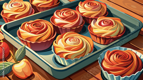 Freshly baked apple roses in cupcake pan on table, closeup. Puff pastry
