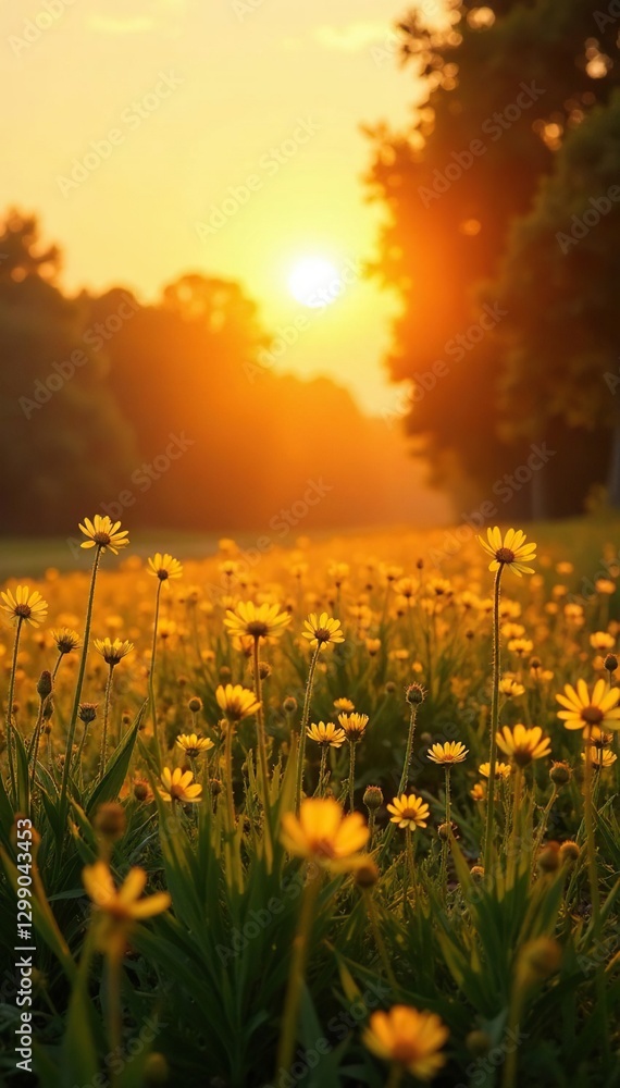Orange hues cast long shadows across the meadow, yellow, morning sun Orange hues cast long shadows across the meadow, yellow, morning sun