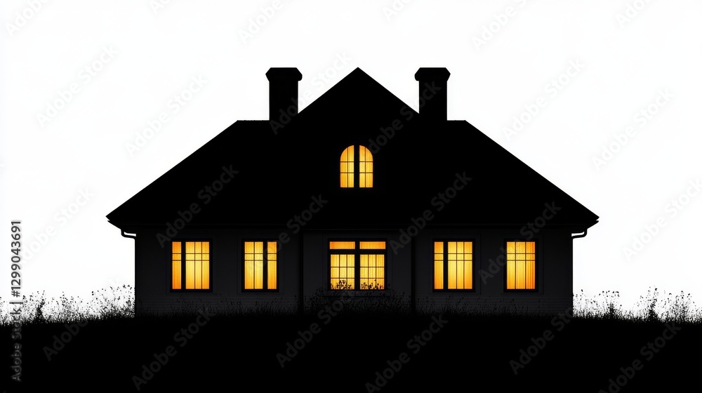 The dark shapes of rooftops, lit by warm windows, stand against the white sky at dusk, giving a sense of calm and peaceful village life The dark shapes of rooftops, lit by warm windows, stand against the white sky at dusk, giving a sense of calm and peaceful village life