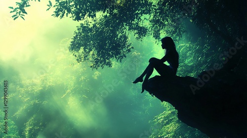 Tranquil Woman Sitting Amidst Trees in Dense Forest - Nature Relaxation Concept Image
