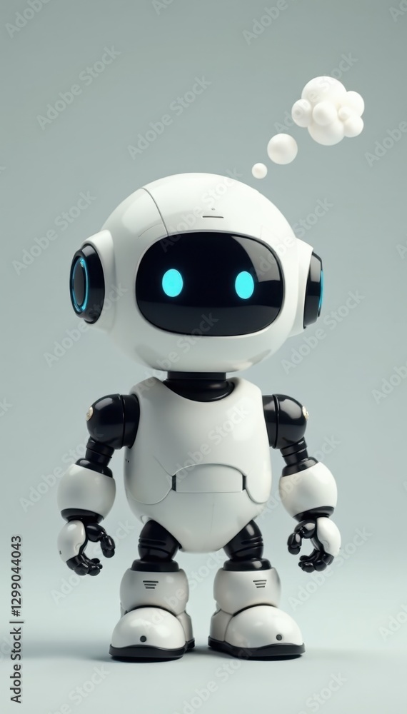 Small, round white robot, happy expression, thought bubbles, graphic, machine Small, round white robot, happy expression, thought bubbles, graphic, machine