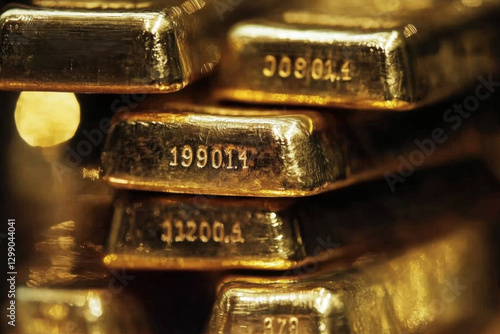 A close-up view of stacked gold bars with engraved serial numbers
