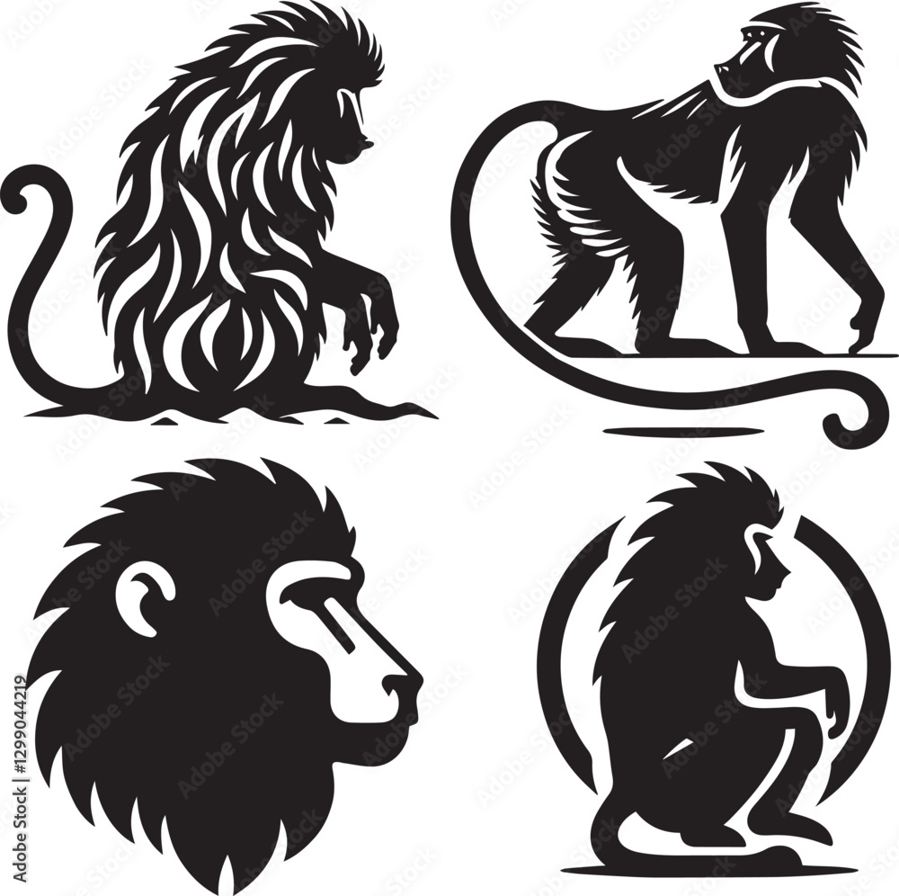 Naklejka premium Baboon Silhouette Vector Set – Tribal Minimalist Wildlife Design for Logos, Tattoos, and Branding