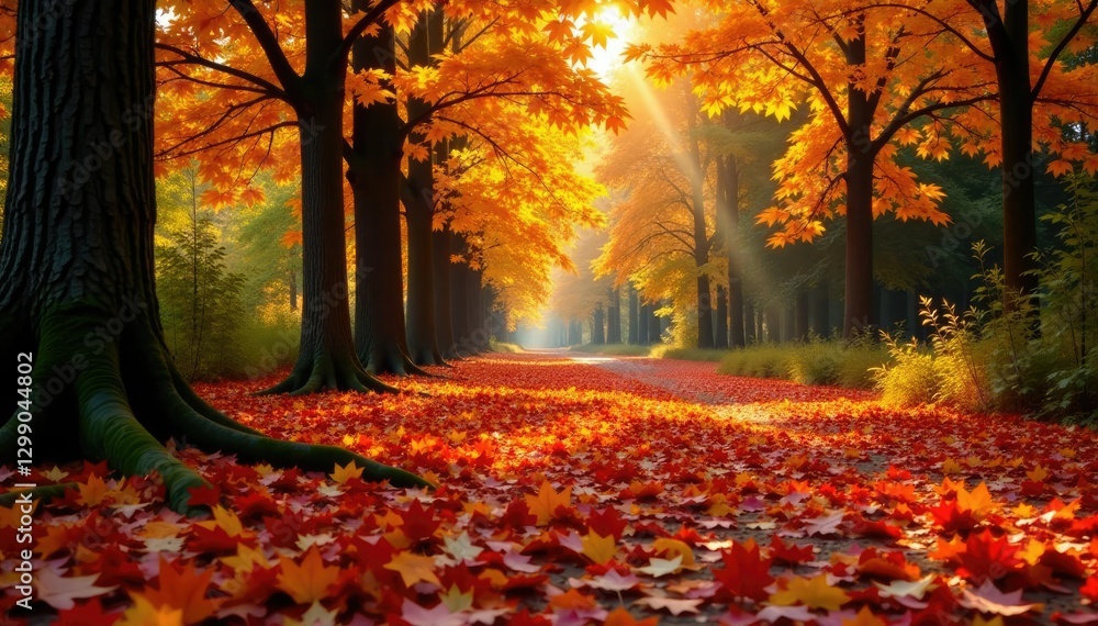 Fototapeta premium A forest floor blanketed in a thick layer of fallen maple leaves, fall, landscape