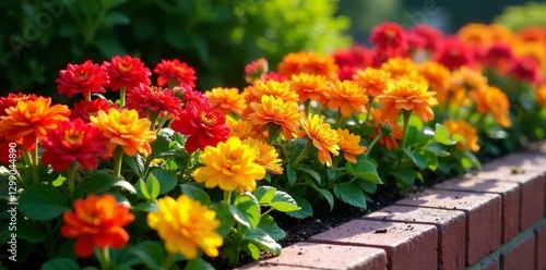 Fototapeta Naklejka Na Ścianę i Meble -  Vibrant brick flower bed with red, yellow, and orange blooms, brick, garden