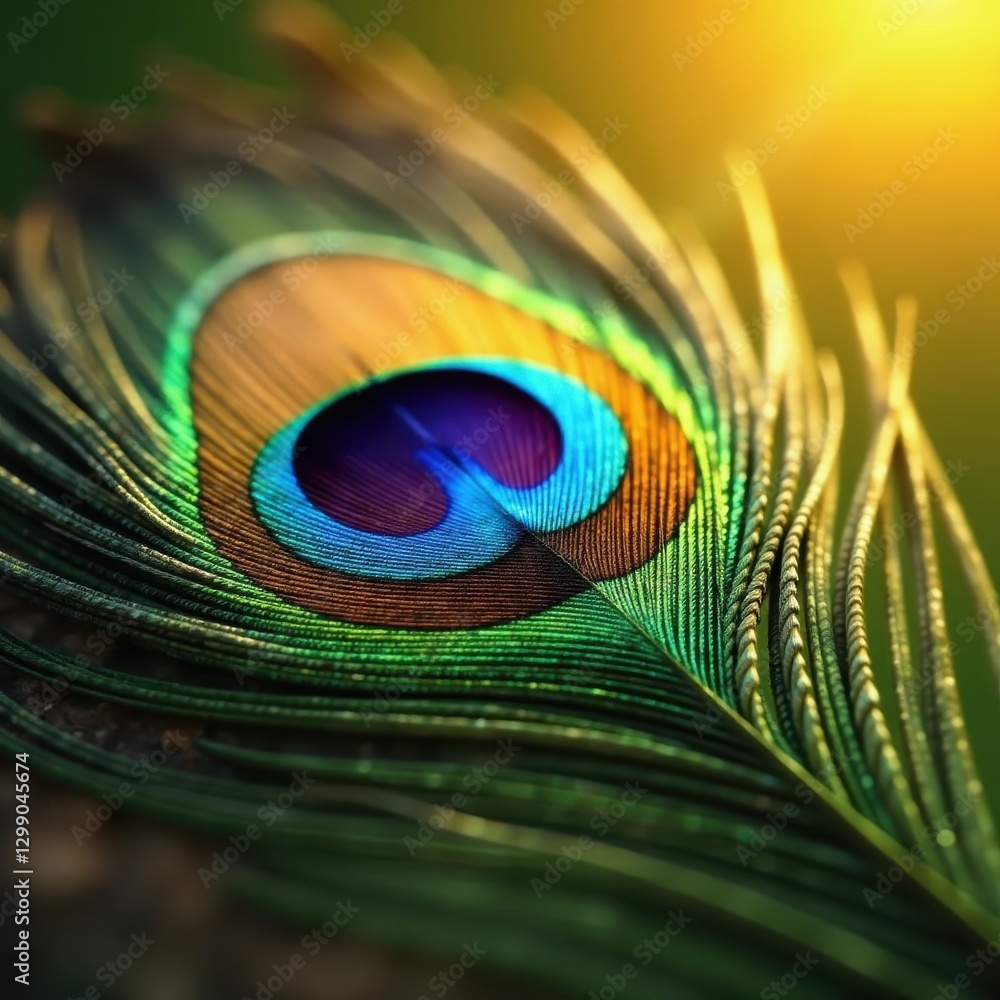 Naklejka premium Close-up, sunlit peacock feather, vibrant hues, beautiful, pattern, bird