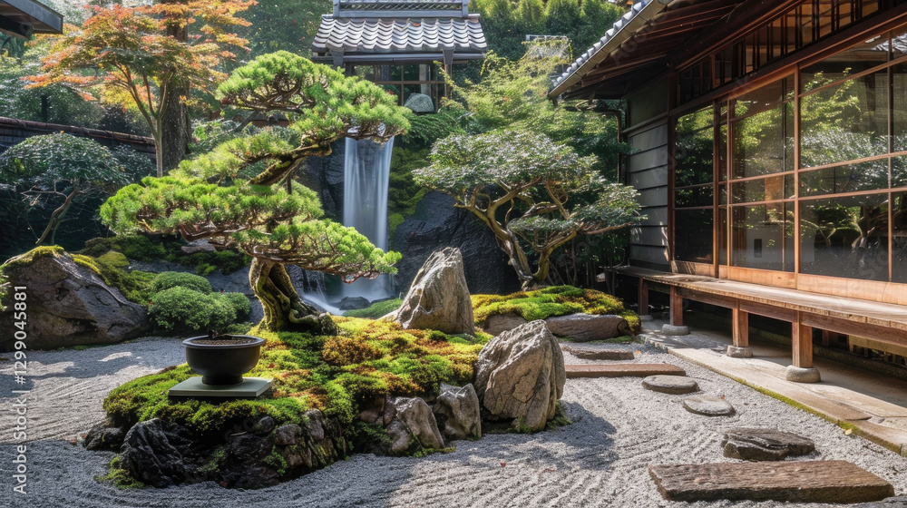 Fototapeta premium Serene Japanese Zen Garden with Lush Greenery, Waterfall, and Traditional Architecture in Tranquil Setting