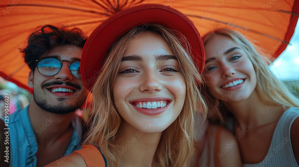 Fototapeta premium A group of four young adults smiles joyfully at the camera, posing outdoors against a clear blue sky.