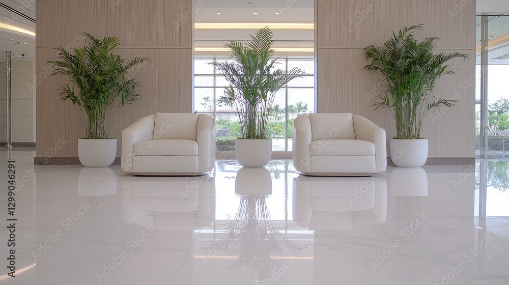 Modern lobby with white chairs and plants Modern lobby with white chairs and plants