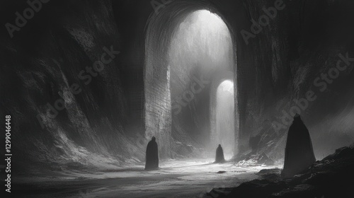 Mysterious figures in a dark cave with an arched opening