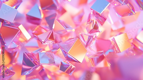 Colorful geometric shapes floating in a vibrant abstract background of pink and orange hues