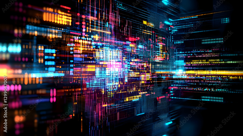 Abstract Digital Network With Vibrant Lines And Geometric Shapes On Black Background Abstract Digital Network With Vibrant Lines And Geometric Shapes On Black Background