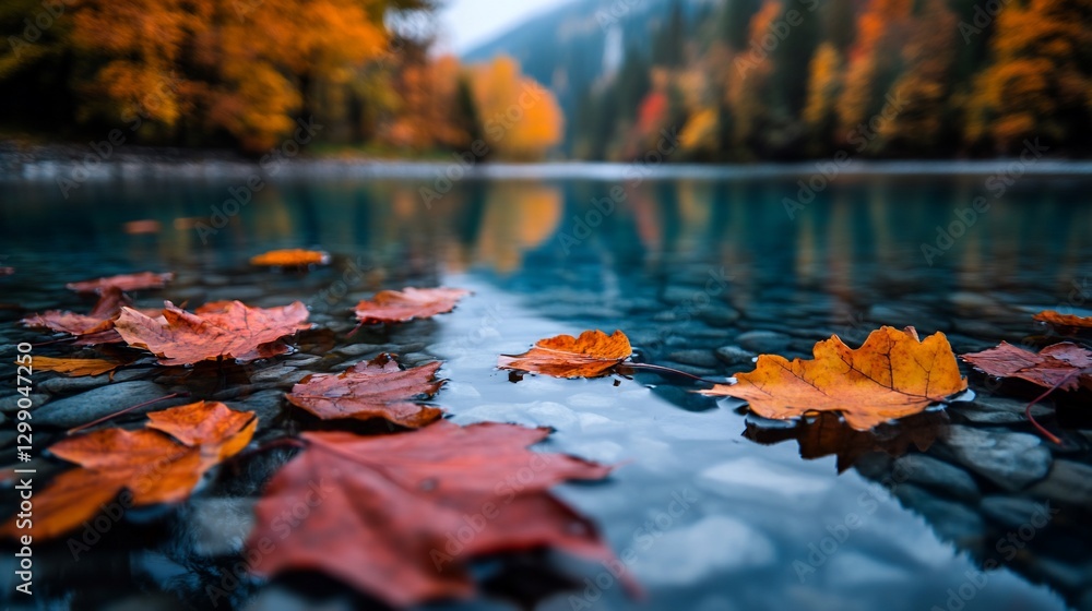 Autumn leaves float on clear river, reflecting colorful forest Autumn leaves float on clear river, reflecting colorful forest