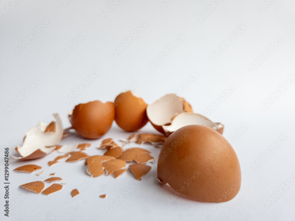 Several pieces of chicken egg shell fragments isolated on white background Several pieces of chicken egg shell fragments isolated on white background