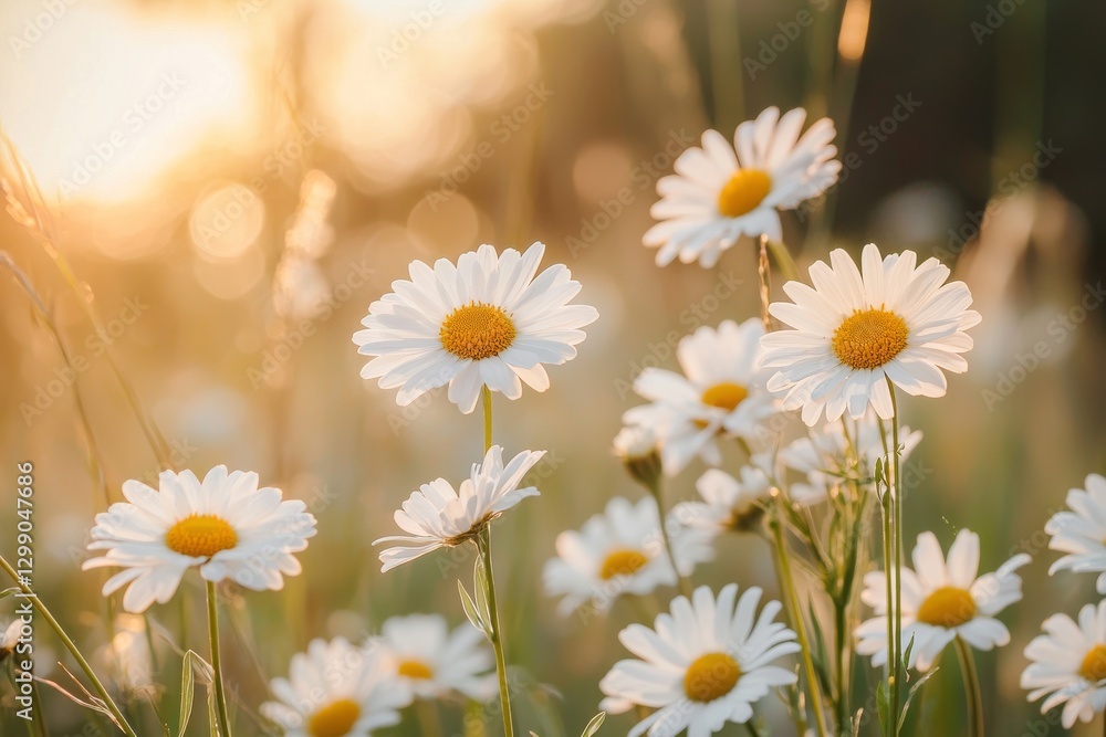 Fototapeta premium Beautiful Field of Daisies at Golden Hour with Warm Sunlight and Soft Bokeh Effect