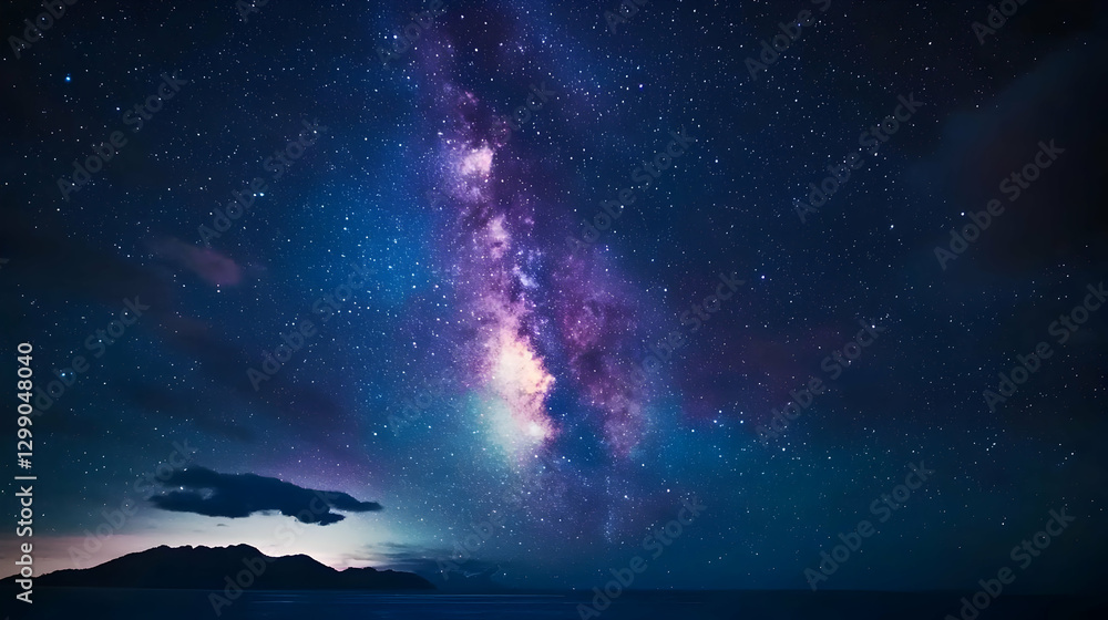 Spectacular Night Sky Over Ocean Horizon Showing A Magnificent Milky Way With Brilliant Stars Spectacular Night Sky Over Ocean Horizon Showing A Magnificent Milky Way With Brilliant Stars