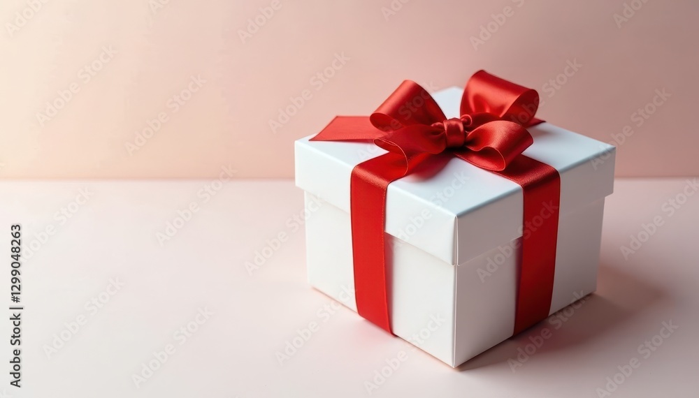 A pristine white gift box adorned with a classic red bow , studio shot, christmas A pristine white gift box adorned with a classic red bow , studio shot, christmas