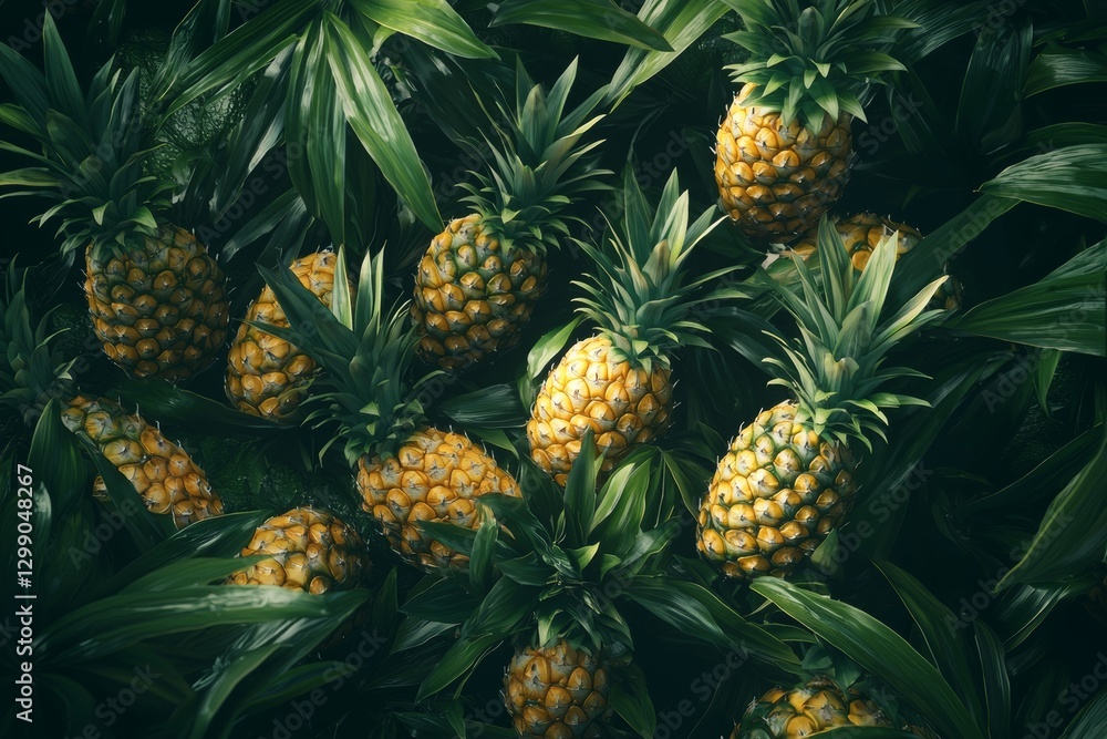 Fresh and Vibrant Pineapples Piled Together with Lush Green Leaves on Dark Background Fresh and Vibrant Pineapples Piled Together with Lush Green Leaves on Dark Background