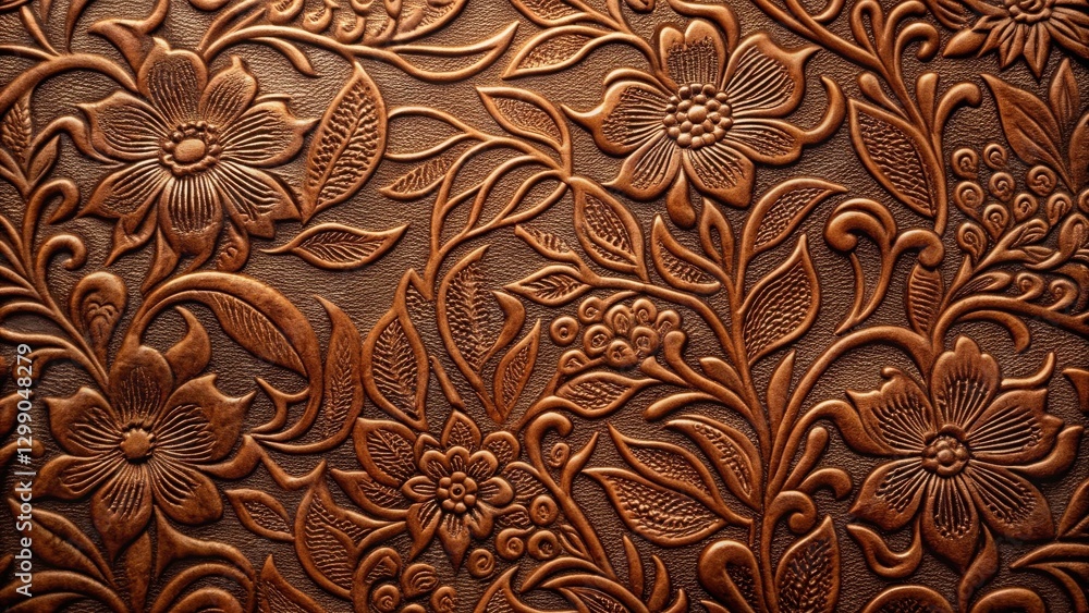 Intricate Embossed Floral Pattern on Rich Brown Material, Ideal for Upholstery or Decorative Applications Intricate Embossed Floral Pattern on Rich Brown Material, Ideal for Upholstery or Decorative Applications